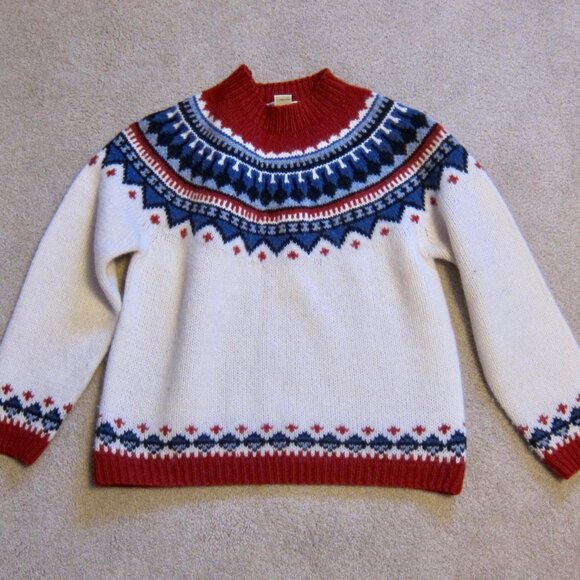 EDDIE BAUER Vintage 100% Wool Ivory Red Blue Knit Fair Isle Retro Sweater - Picture 4 of 10